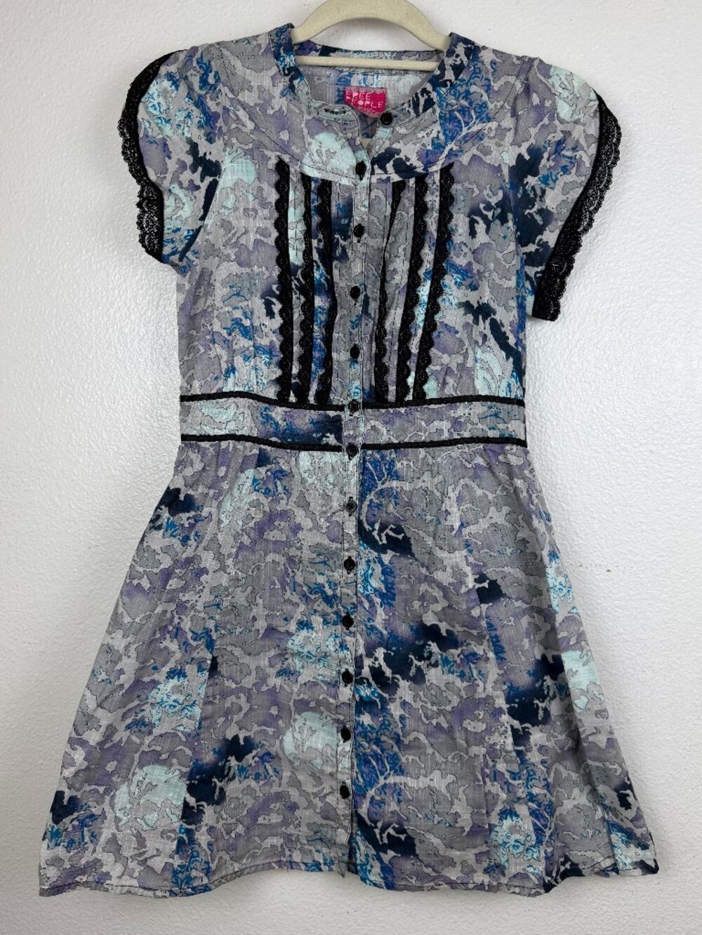 Free People Women's Gray & Black Lace Detail Lined Cotton Dress Size 2